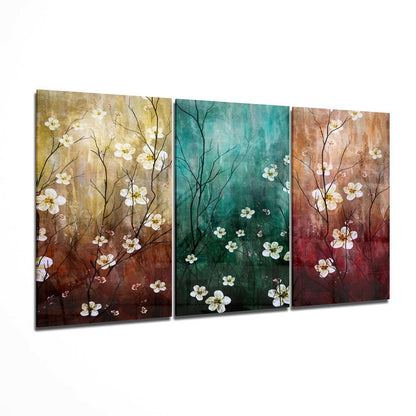 Three Panel Teal And Rust Blossom Branch Glass Wall Art