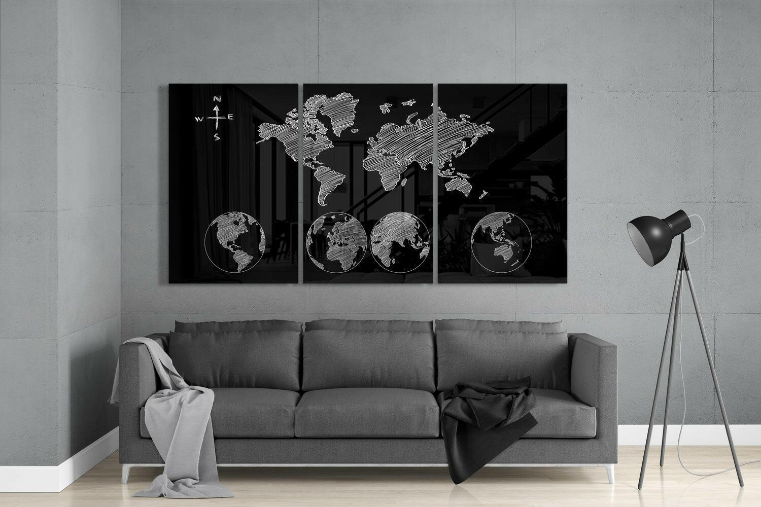 Sketched Compass Globe World Map Glass Wall Art
