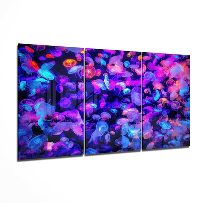 Neon Jellyfish Swarm Triptych Glass Wall Art