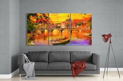 Riverside City Sunset Triptych Glass Wall Art