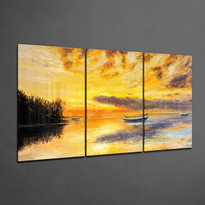 Triptych Sunset Lake Boats Glass Wall Art