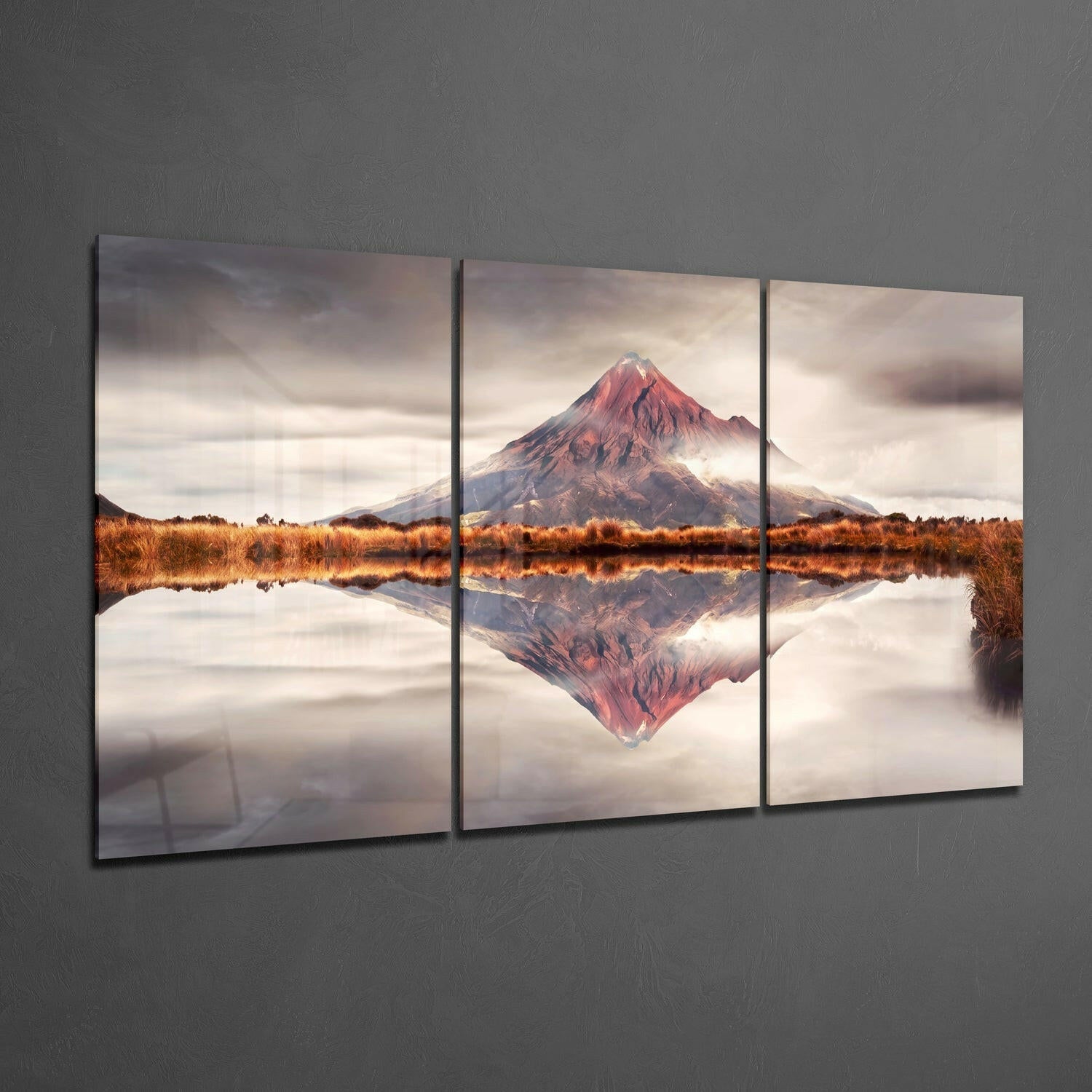 Triptych Volcano Reflection Cloudy Sky Glass Wall Art