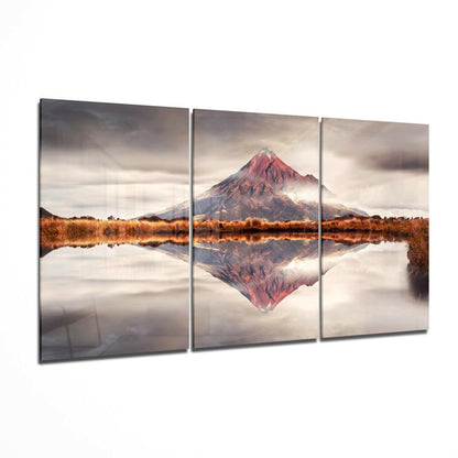 Triptych Volcano Reflection Cloudy Sky Glass Wall Art