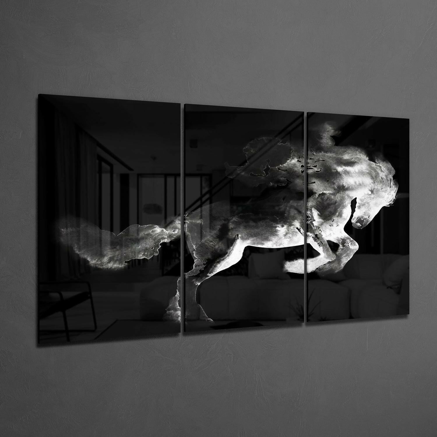 Black Smoke Horse Triptych Glass Wall Art
