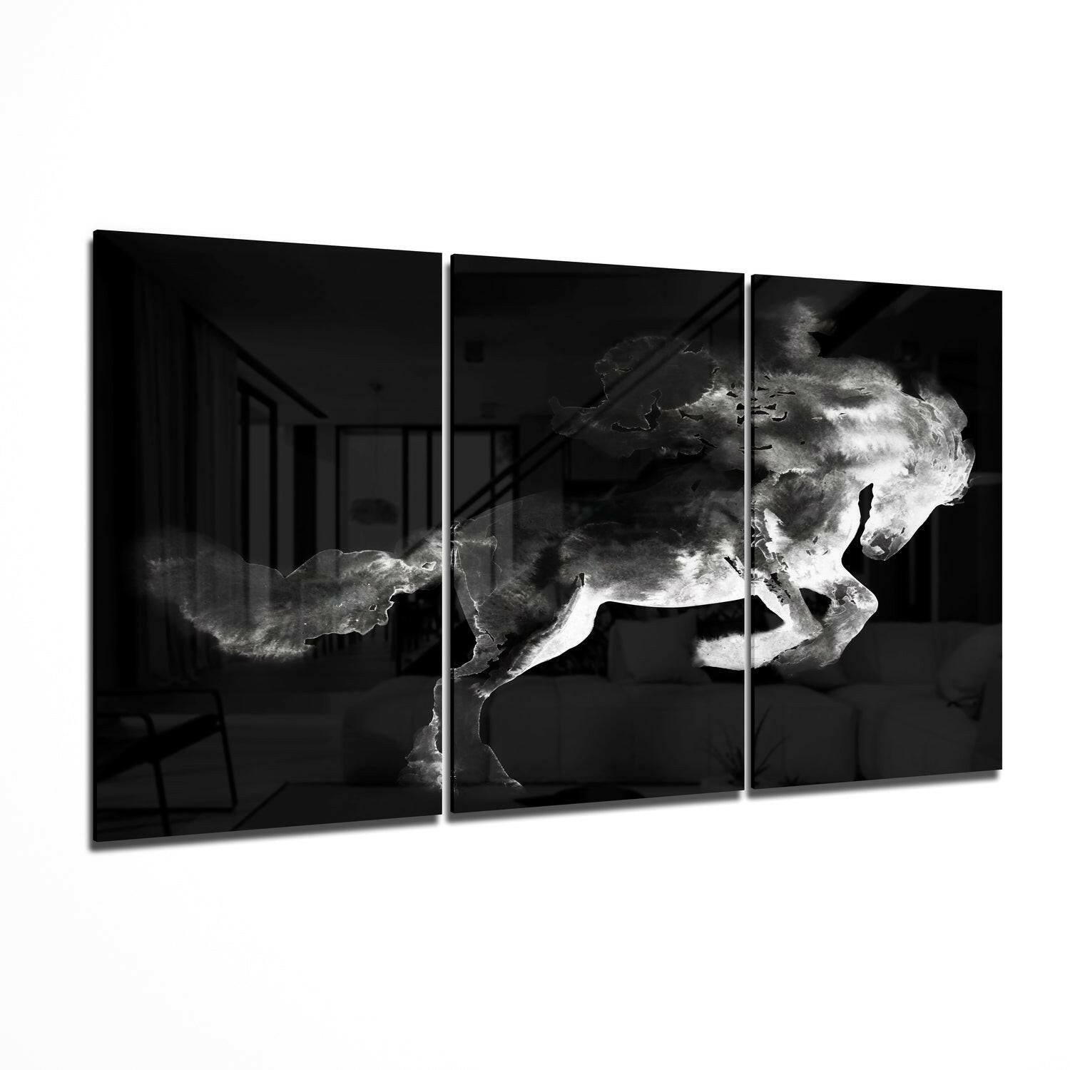 Black Smoke Horse Triptych Glass Wall Art