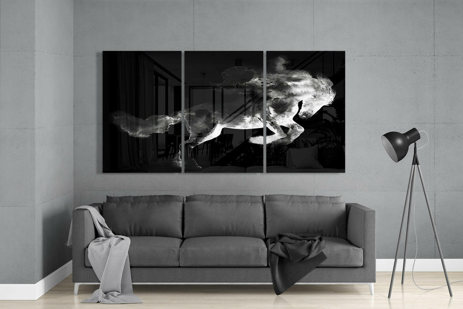 Black Smoke Horse Triptych Glass Wall Art