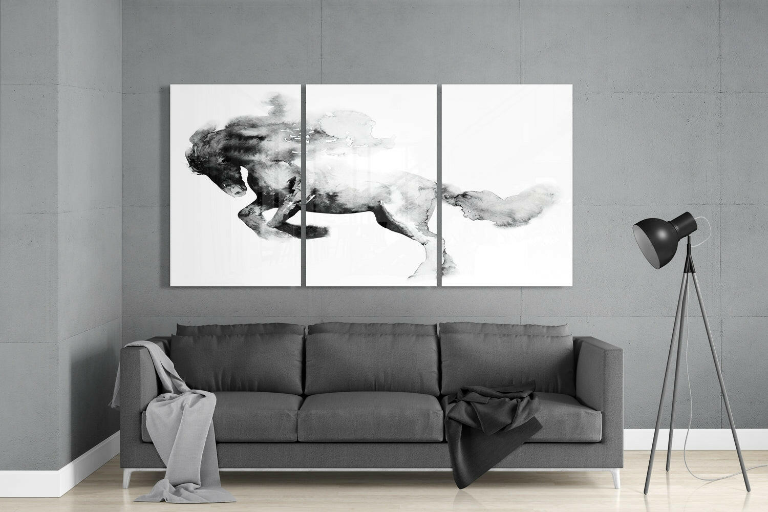 Ink Wash Horse Triptych Glass Wall Art