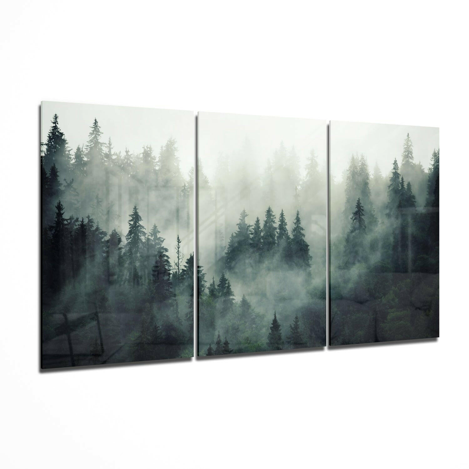 Triptych Misty Pine Treetops Glass Wall Art