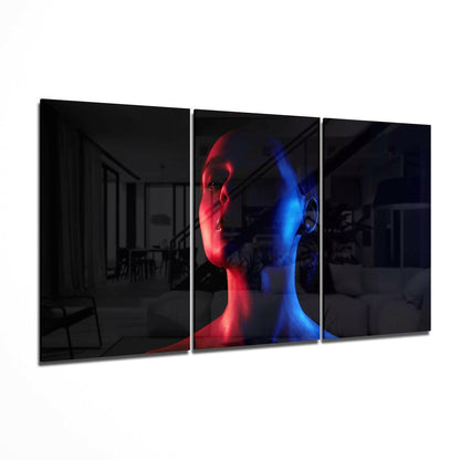 Split Red Blue Face Glass Wall Art