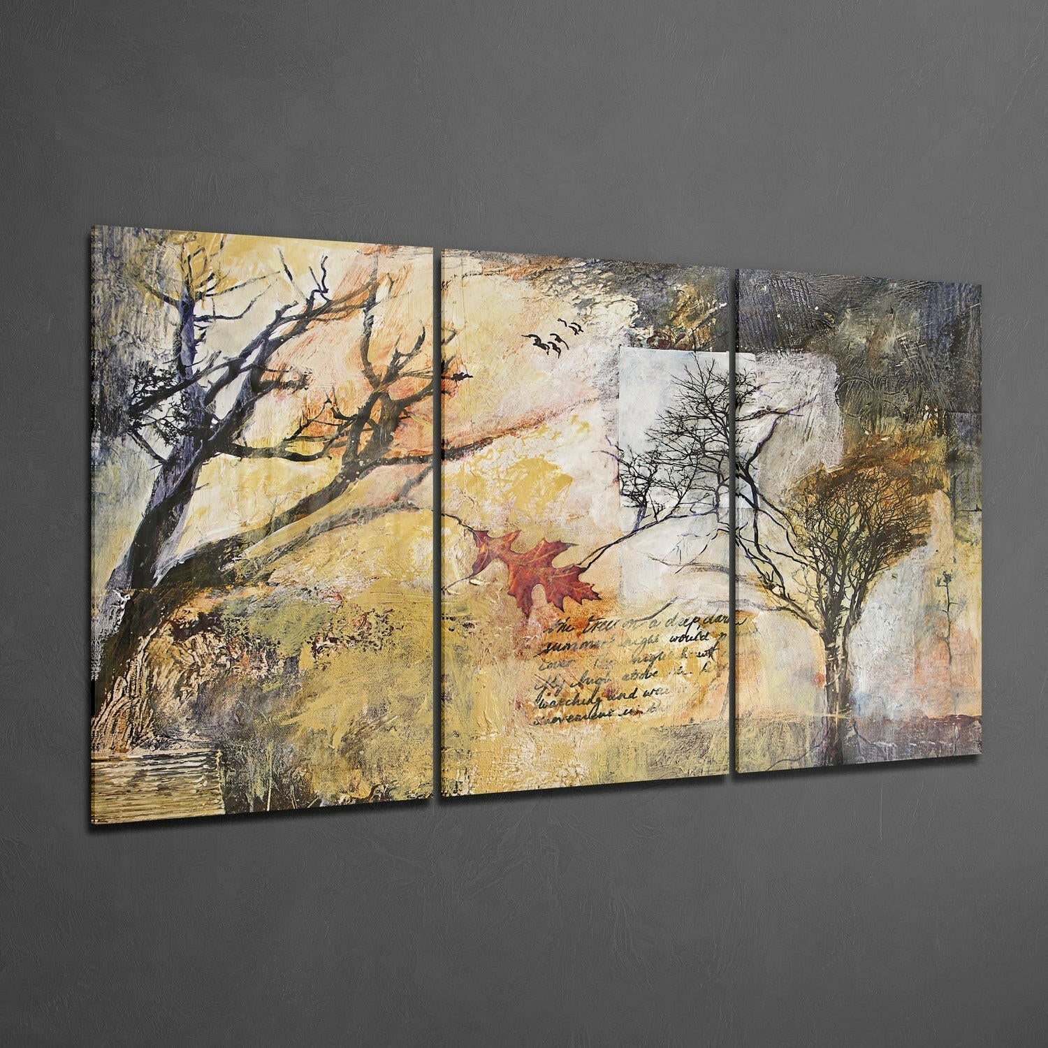 Vintage Script Collage Bare Trees Glass Wall Art