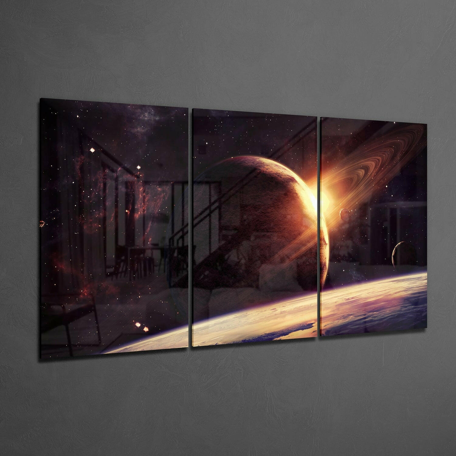 Sunrise Behind Ringed Planet Triptych Glass Wall Art