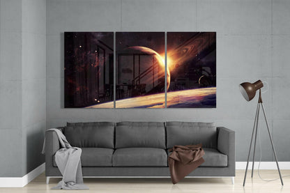 Sunrise Behind Ringed Planet Triptych Glass Wall Art