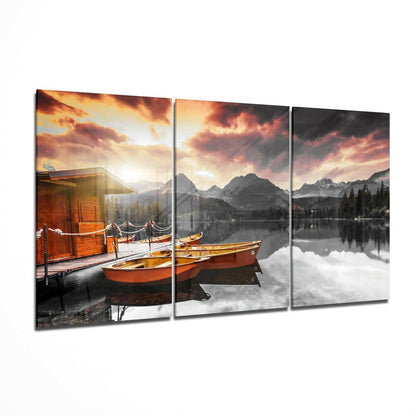 Sunset Mountain Lake Boats Glass Wall Art
