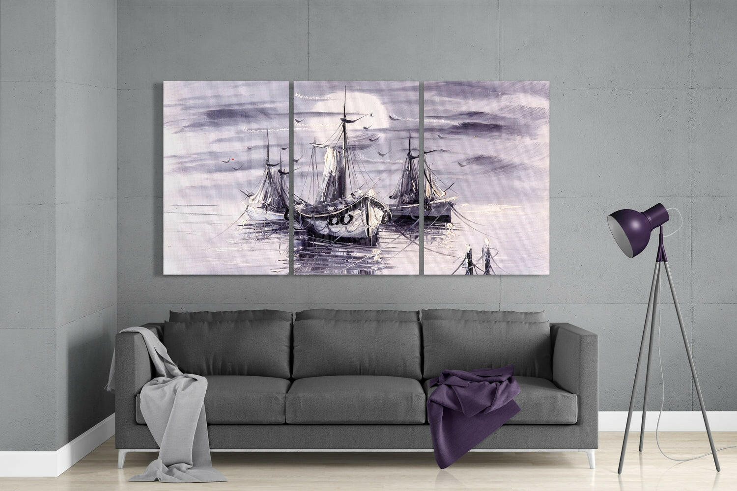 Lavender Gray Fishing Boats at Moonrise Glass Wall Art