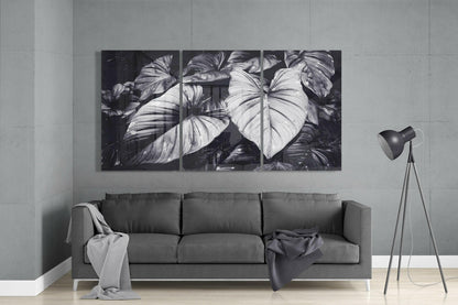 Black White Tropical Leaves Glass Wall Art