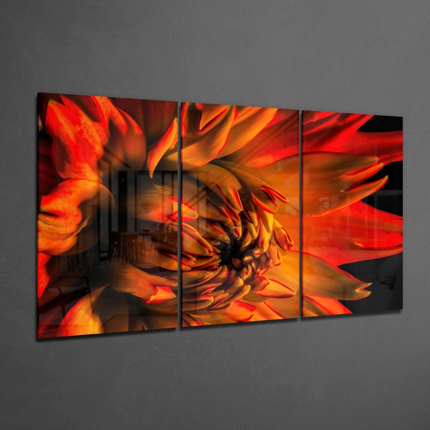Fiery Orange Dahlia Triptych Glass Wall Art