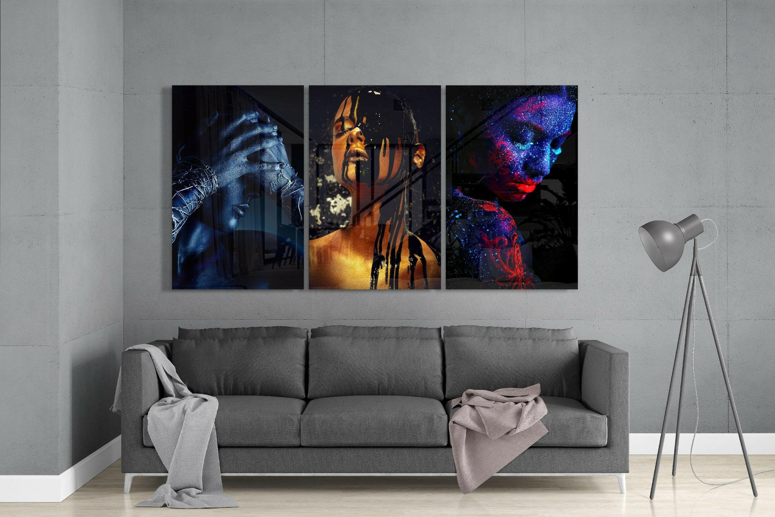 Neon Body Paint Portrait Trio Glass Wall Art