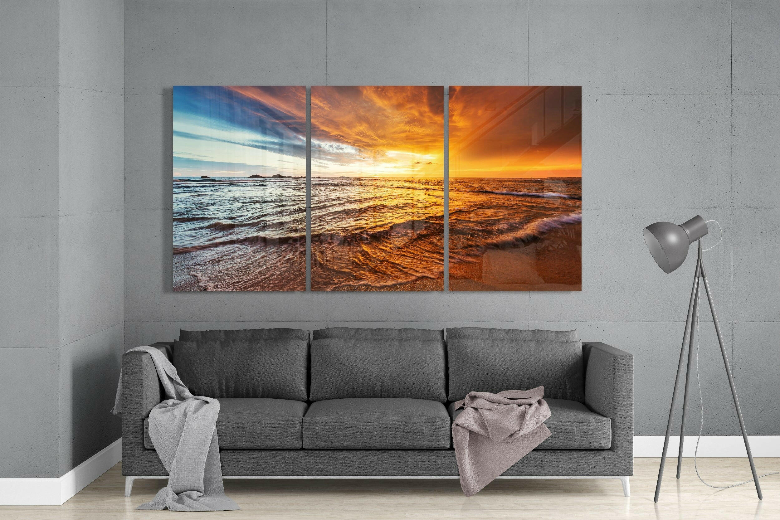 Golden Sunset Beach Waves Glass Wall Art