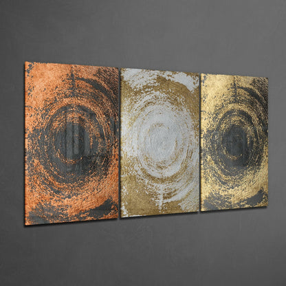 Copper Silver Gold Swirl Circles Trio Glass Art