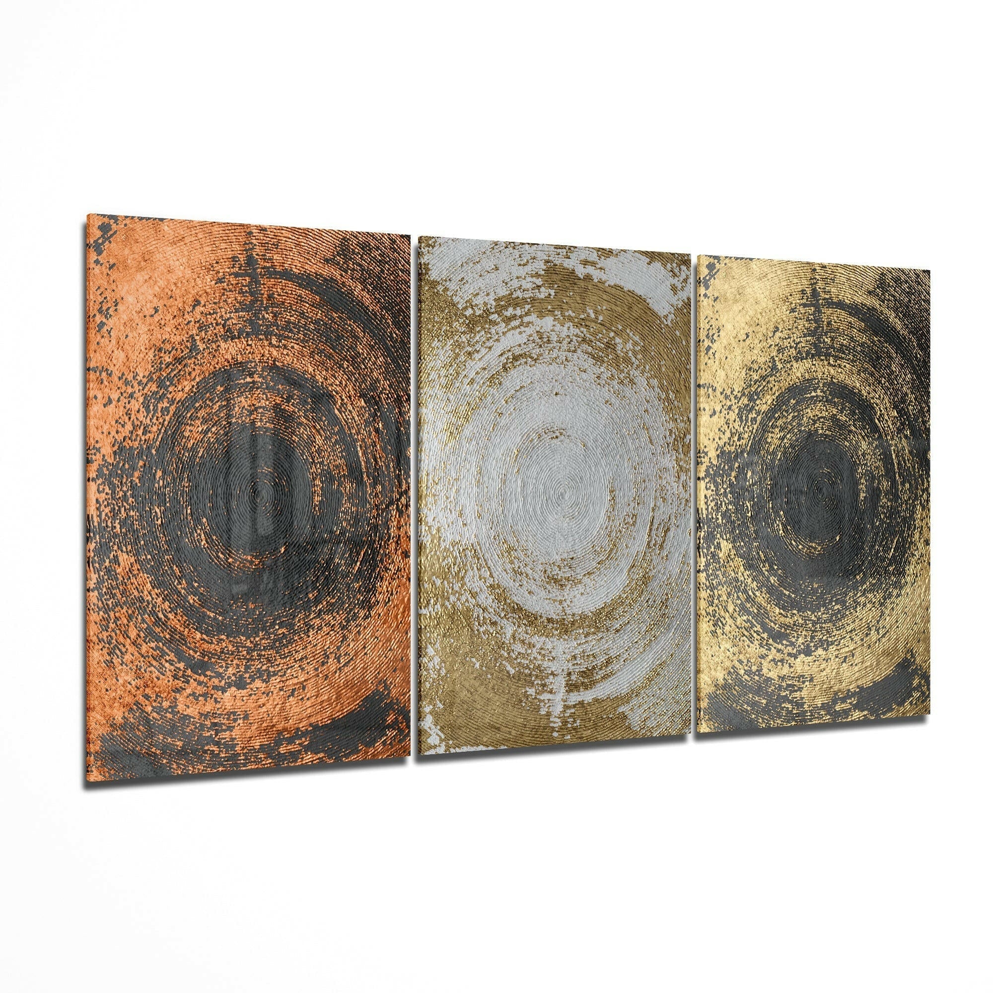 Copper Silver Gold Swirl Circles Trio Glass Art