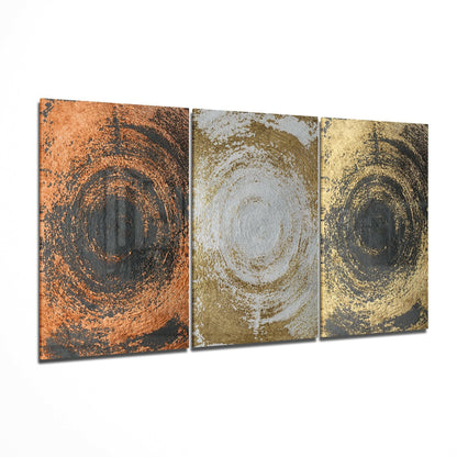 Copper Silver Gold Swirl Circles Trio Glass Art