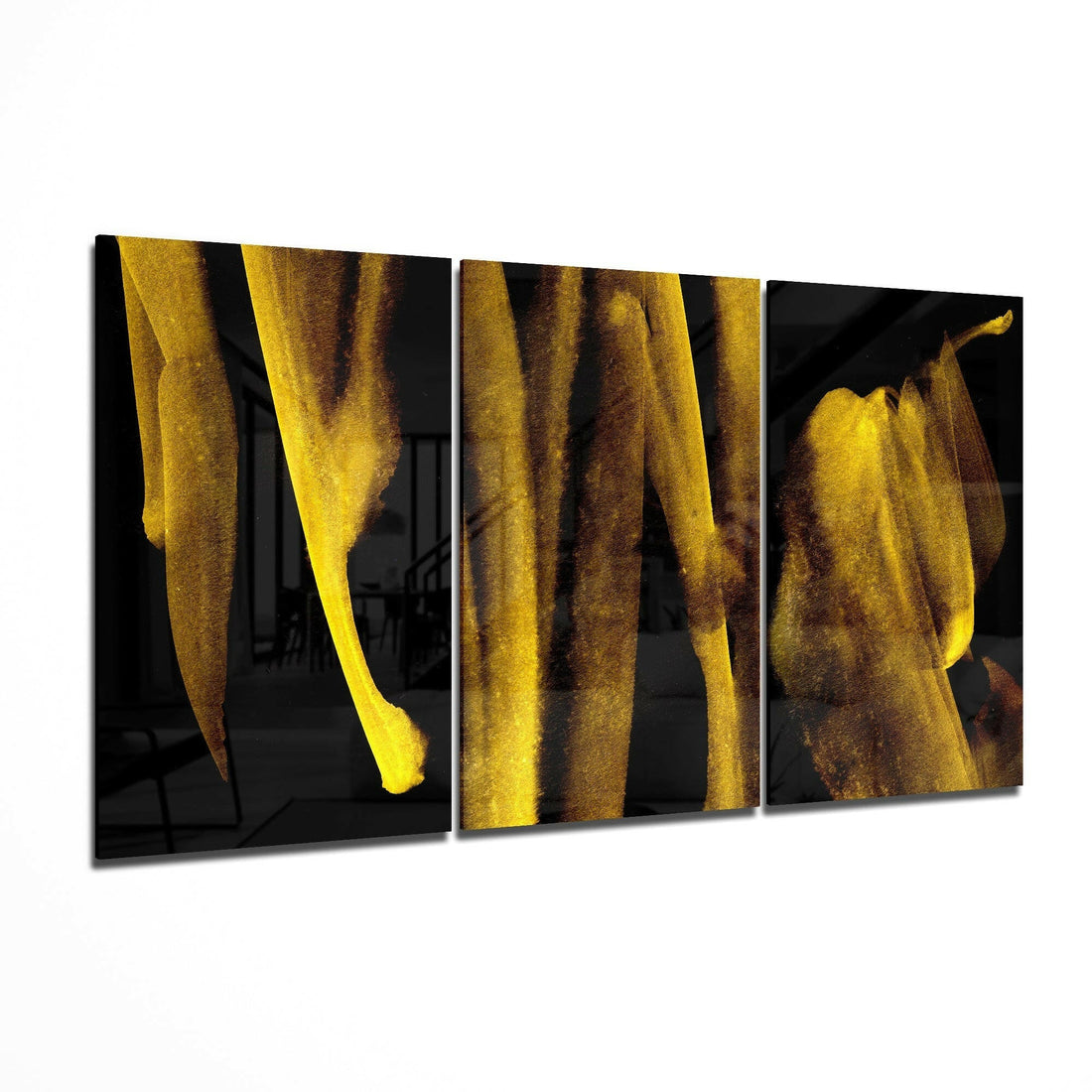 Vertical Gold Drip Streaks on Black Glass Art