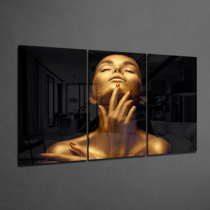 Golden Skin Woman Red Nails Glass Wall Art