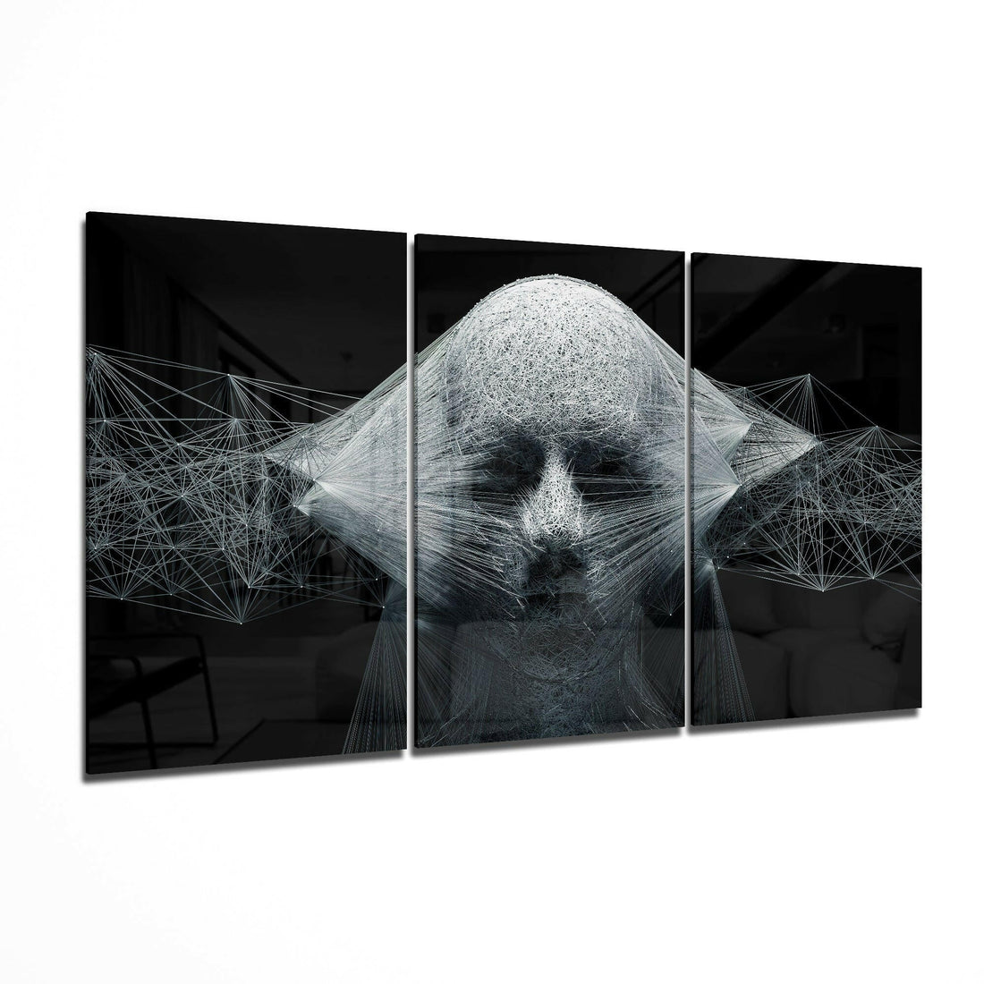 White String Art Face On Black Glass Wall Art