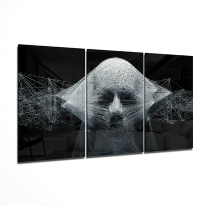 White String Art Face On Black Glass Wall Art