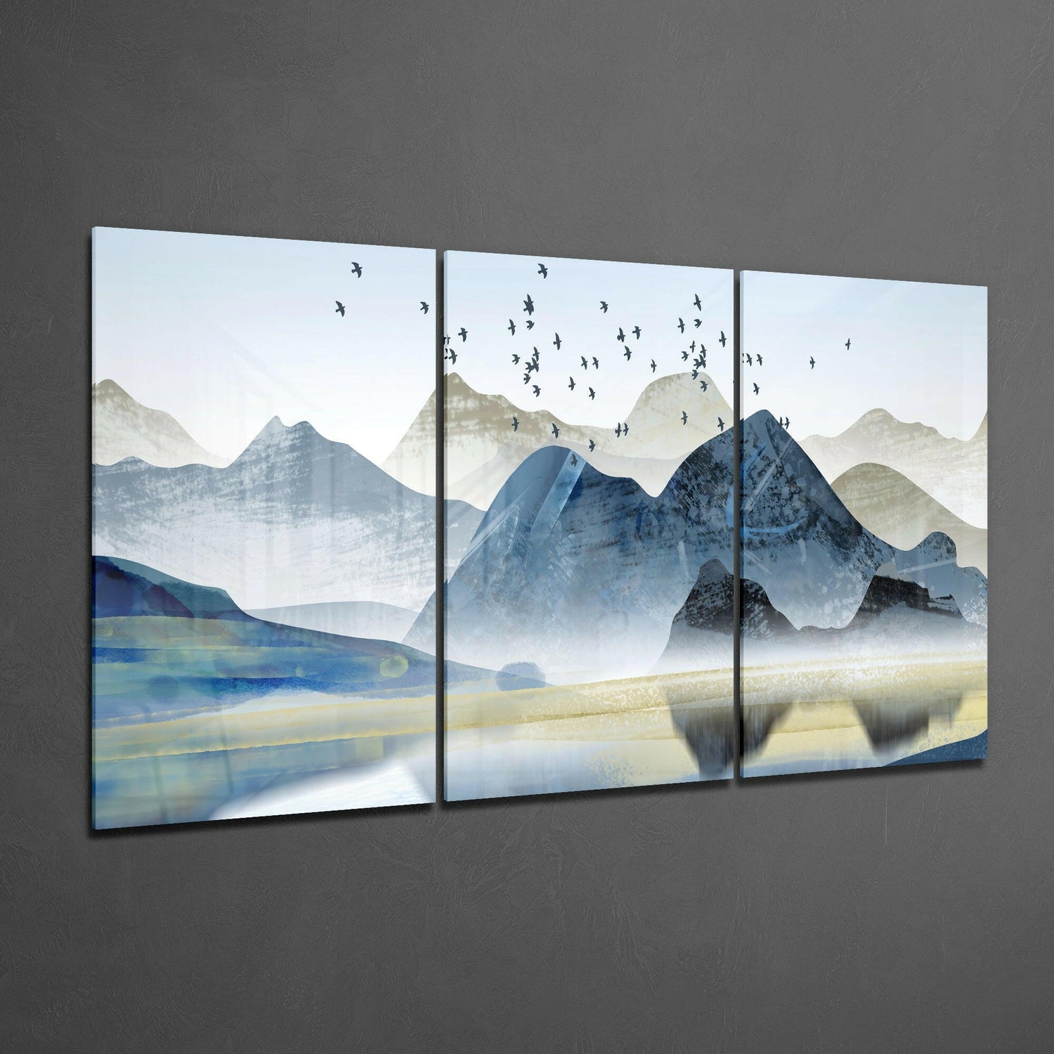 Minimalist Blue Peaks With Bird Flock Glass Wall Art
