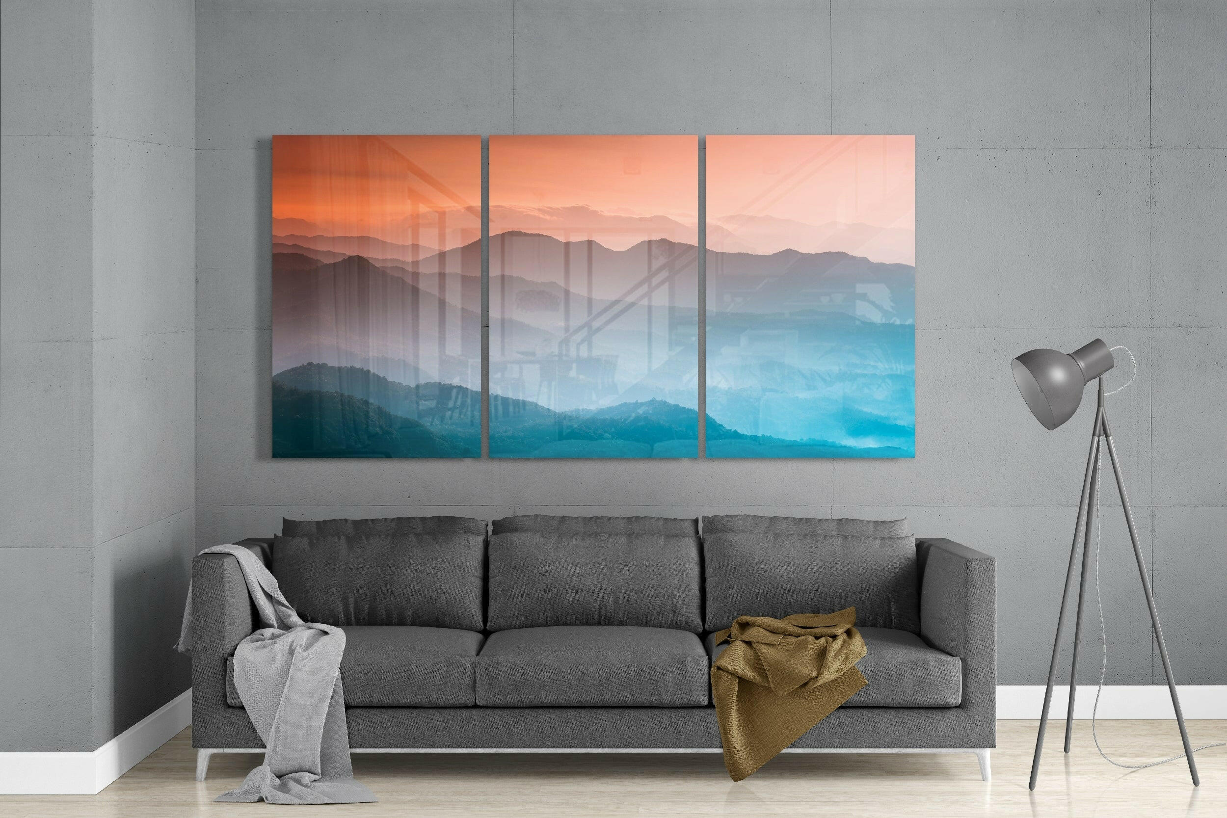 Orange And Teal Layered Misty Hills Glass Wall Art