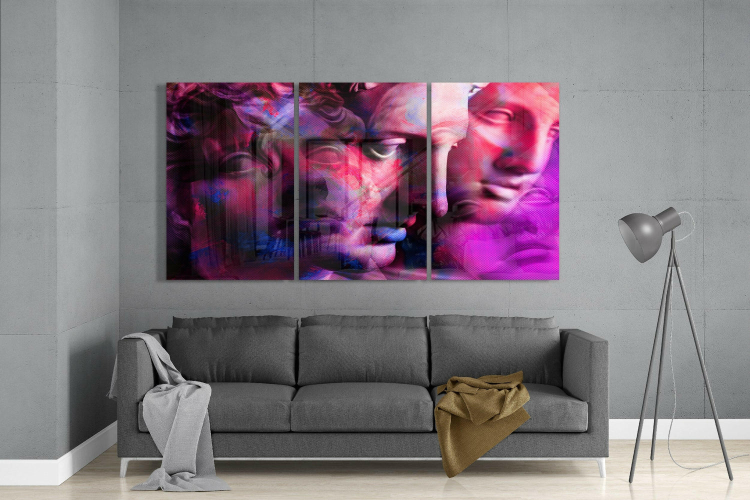 Magenta Glitch Classical Statue Faces Glass Wall Art