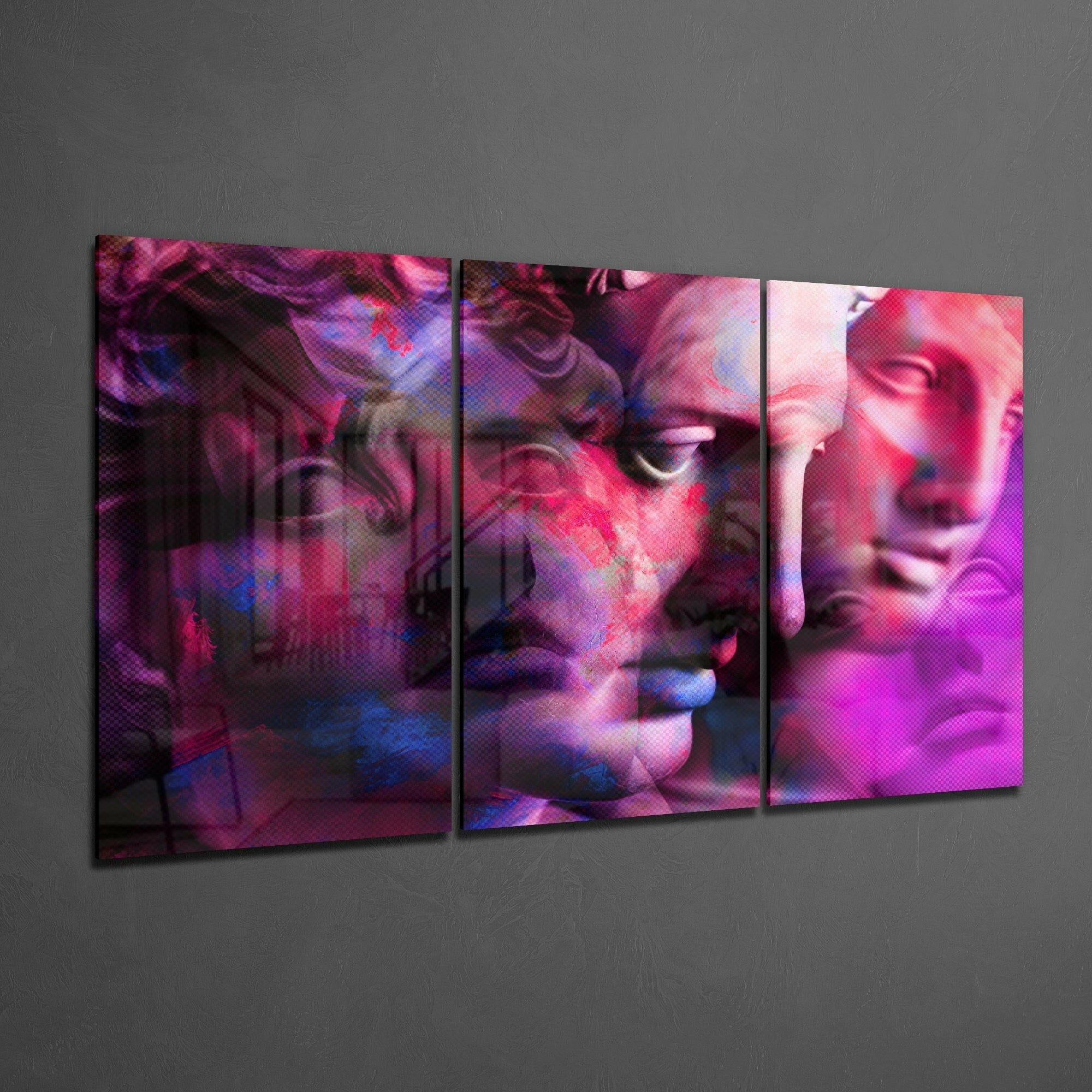 Magenta Glitch Classical Statue Faces Glass Wall Art
