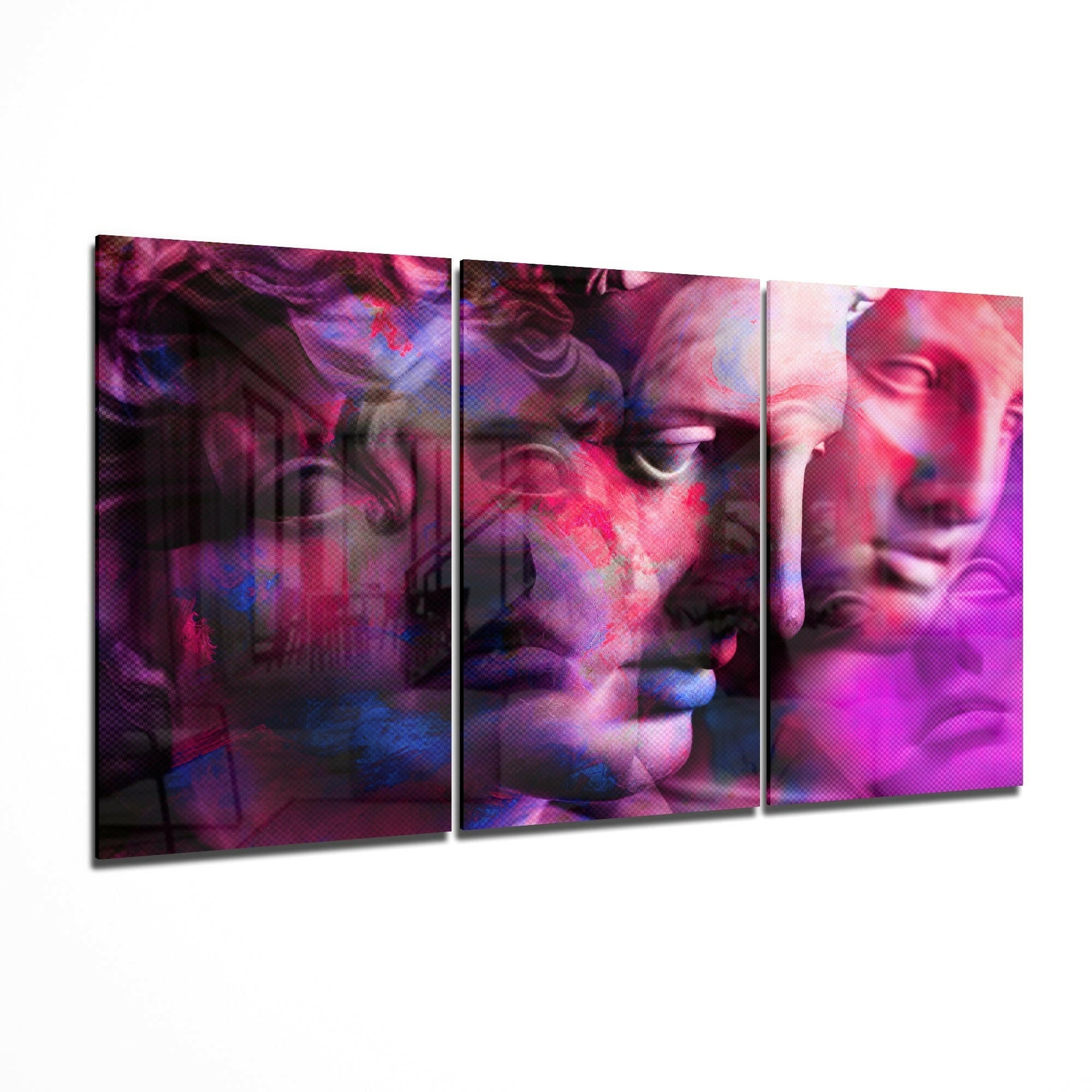 Magenta Glitch Classical Statue Faces Glass Wall Art