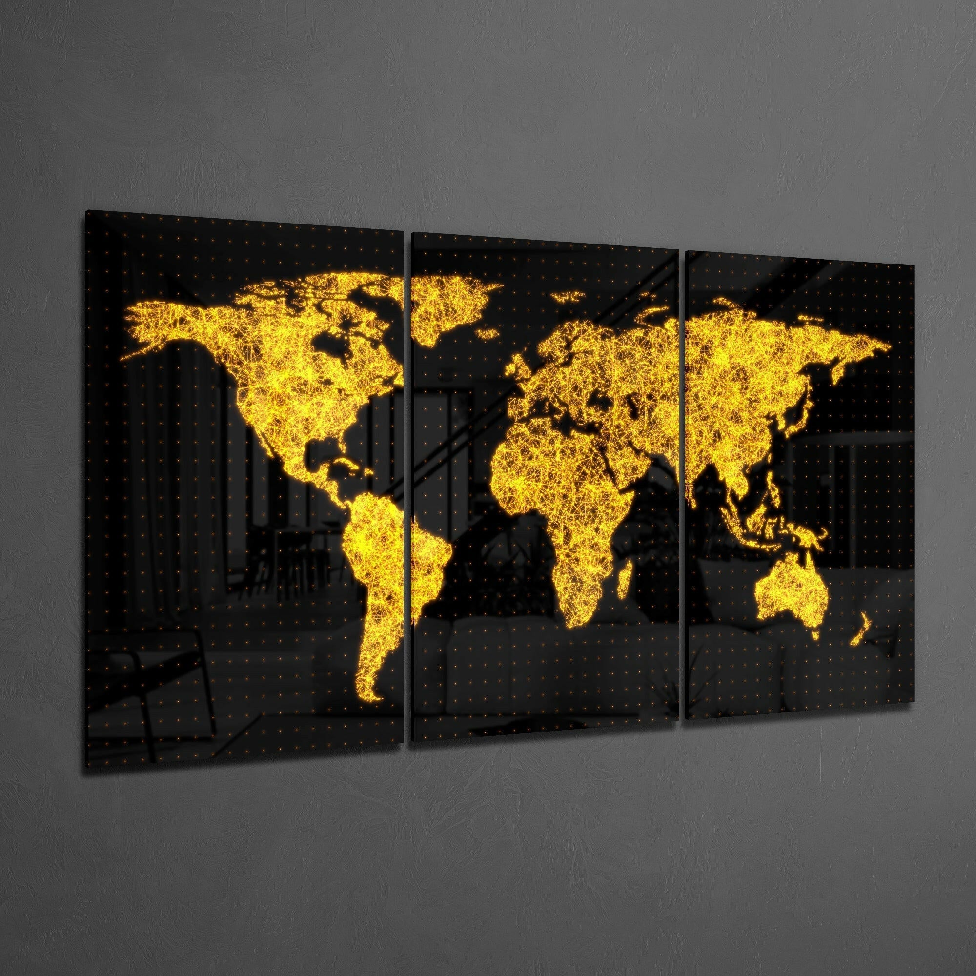 Glowing Gold Wire World Map Glass Wall Art