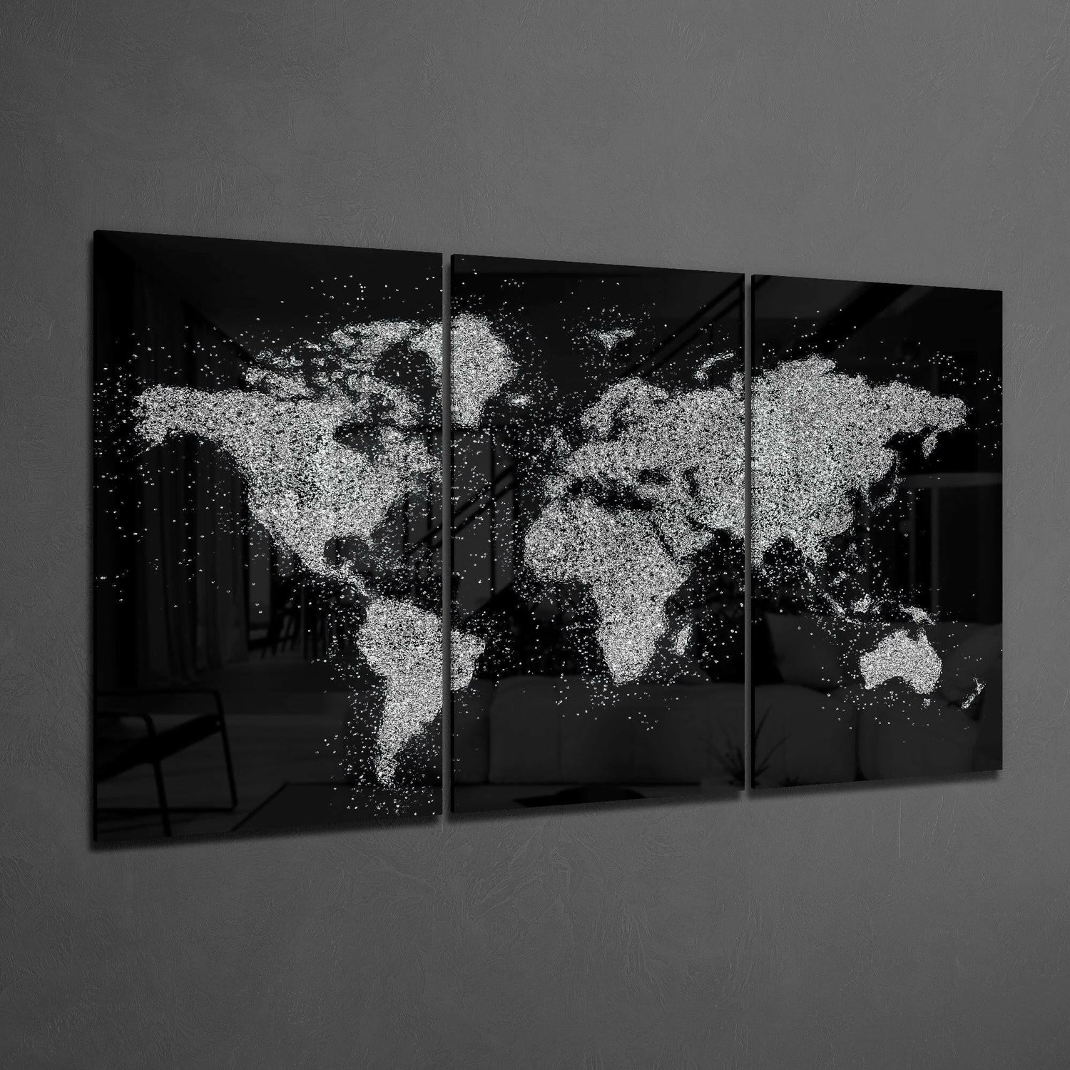 White Paint Splatter World Map Glass Wall Art