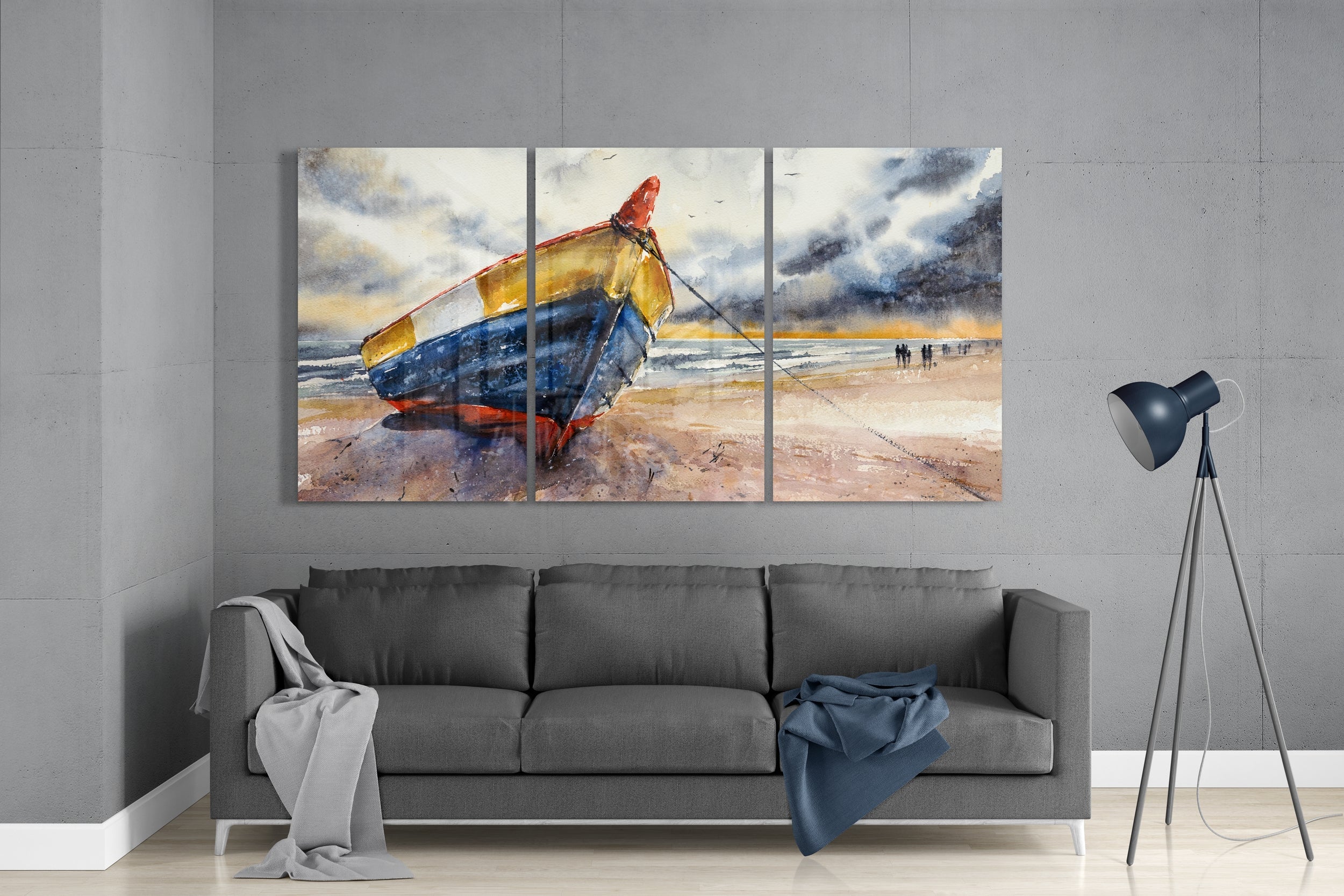 Watercolor Fishing Boat Beach Glass Wall Art