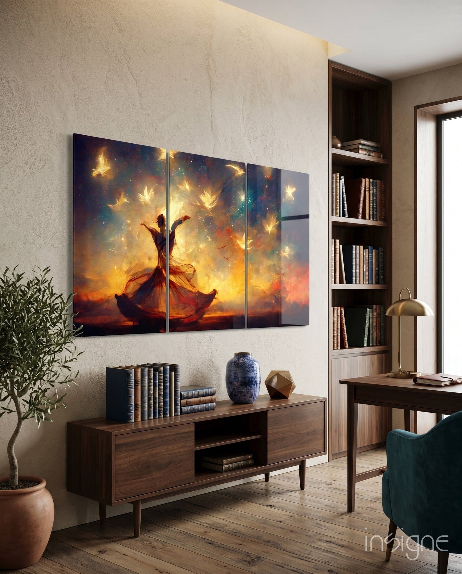 Fiery Sunset Dancer With White Doves Glass Wall Art