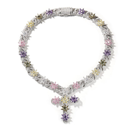 Colorful zircon ice flower cross necklace
