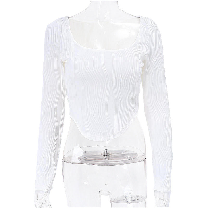 Autumn &amp; Winter long-sleeved U-neck water ripple slim fit top T-shirt