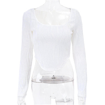 Autumn &amp; Winter long-sleeved U-neck water ripple slim fit top T-shirt