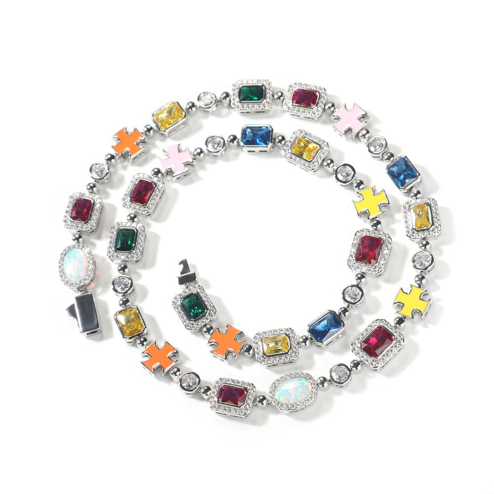 Hip-hop diamond multi-colored gemstone necklace