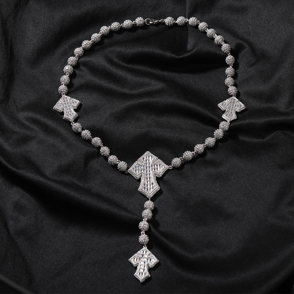 moissanite chain round bead cross necklace