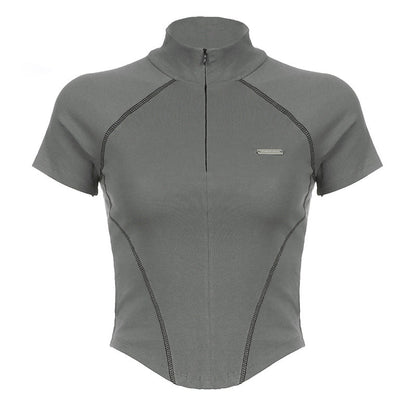 Invisible Zipper Stand Collar Short Sleeve Top Slim Fit Bottom T-Shirt