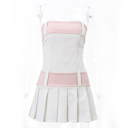 one-neck sweet strapless backless zipper contrasting color pleated dress