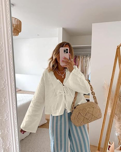 Cotton Linen Lace Up Bow Shirts Women Loose Hollow Out V Neck Long Sleeve Tops