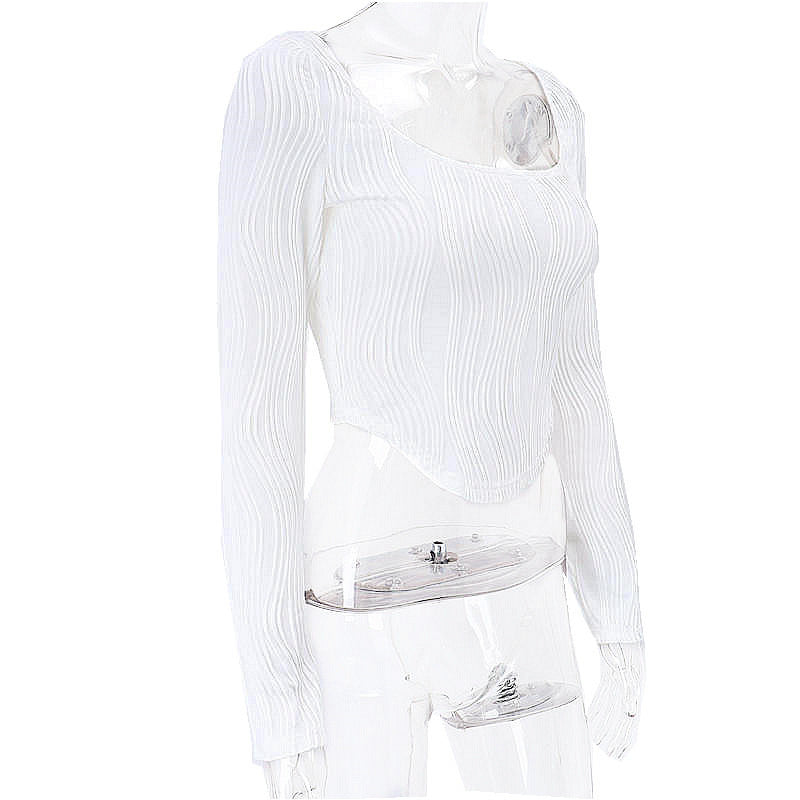 Autumn &amp; Winter long-sleeved U-neck water ripple slim fit top T-shirt