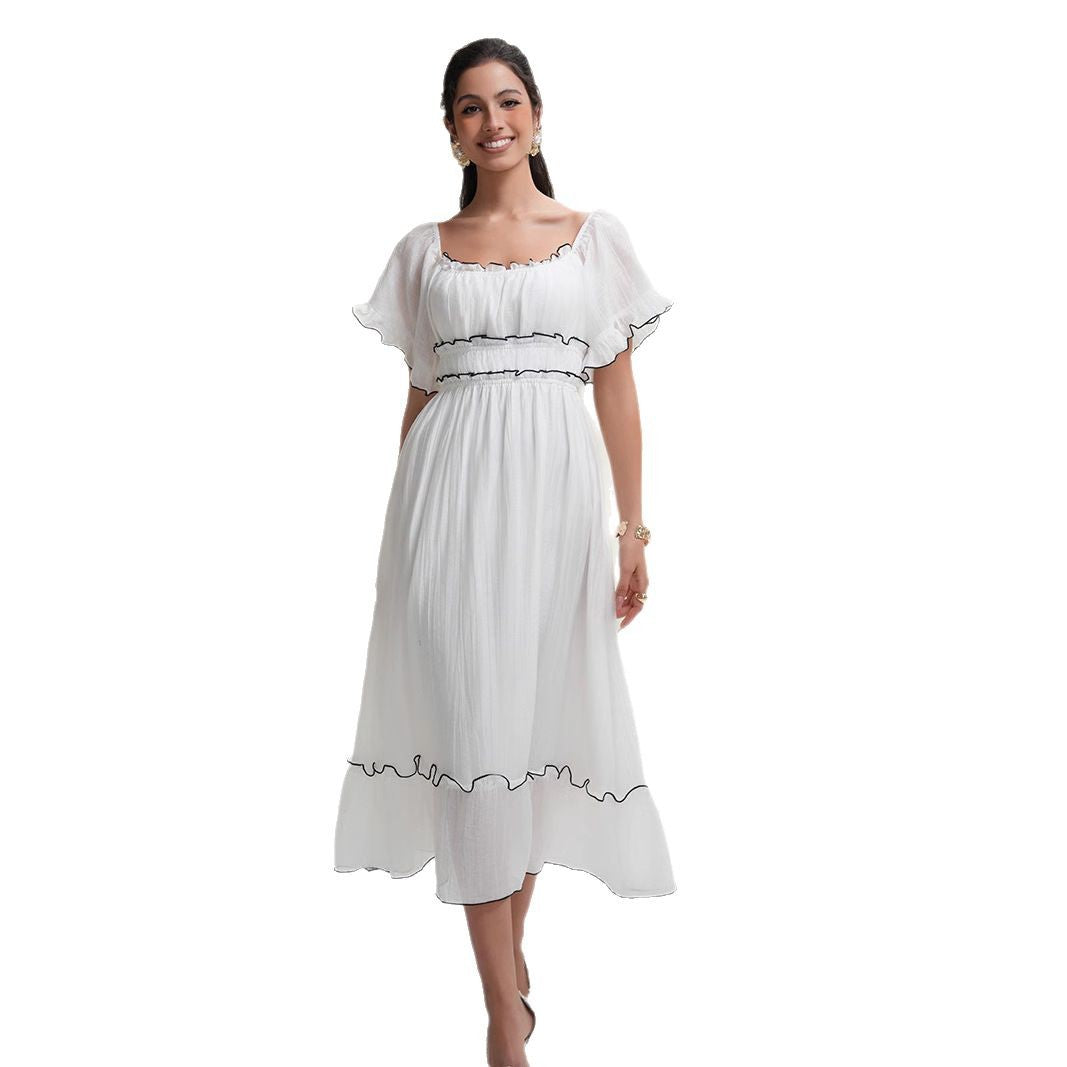 French square neck waist dress