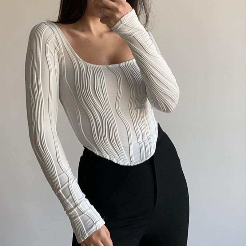 Autumn &amp; Winter long-sleeved U-neck water ripple slim fit top T-shirt