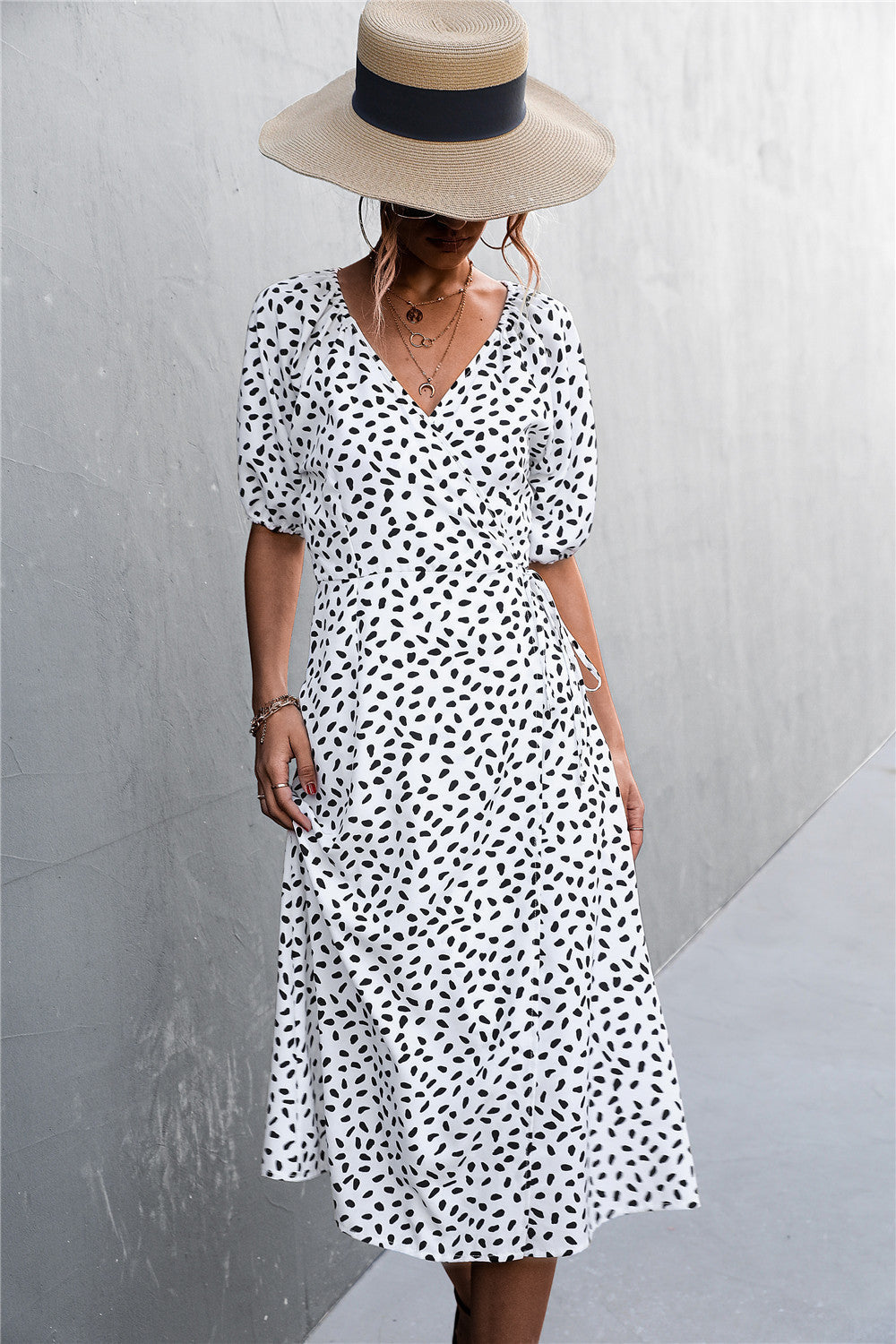 Woman Short Sleeve V Neck Chiffon Wrap Dresses Polka Dot Streetwear Elegant Midi Dress